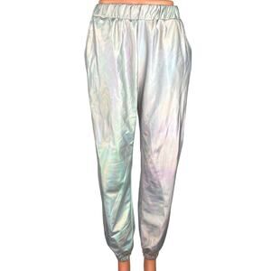 Womens Iridescent Silver Chrome Sparkle Metallic Rainbow Jogger Sweat Pants Sz S